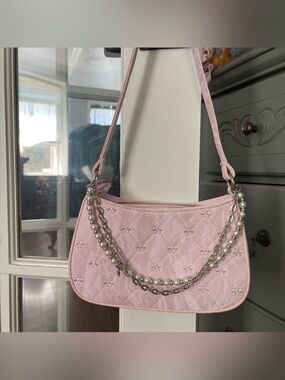 SHEIN Pale Pink Quilted Shoulder Bag with Pearl Chain